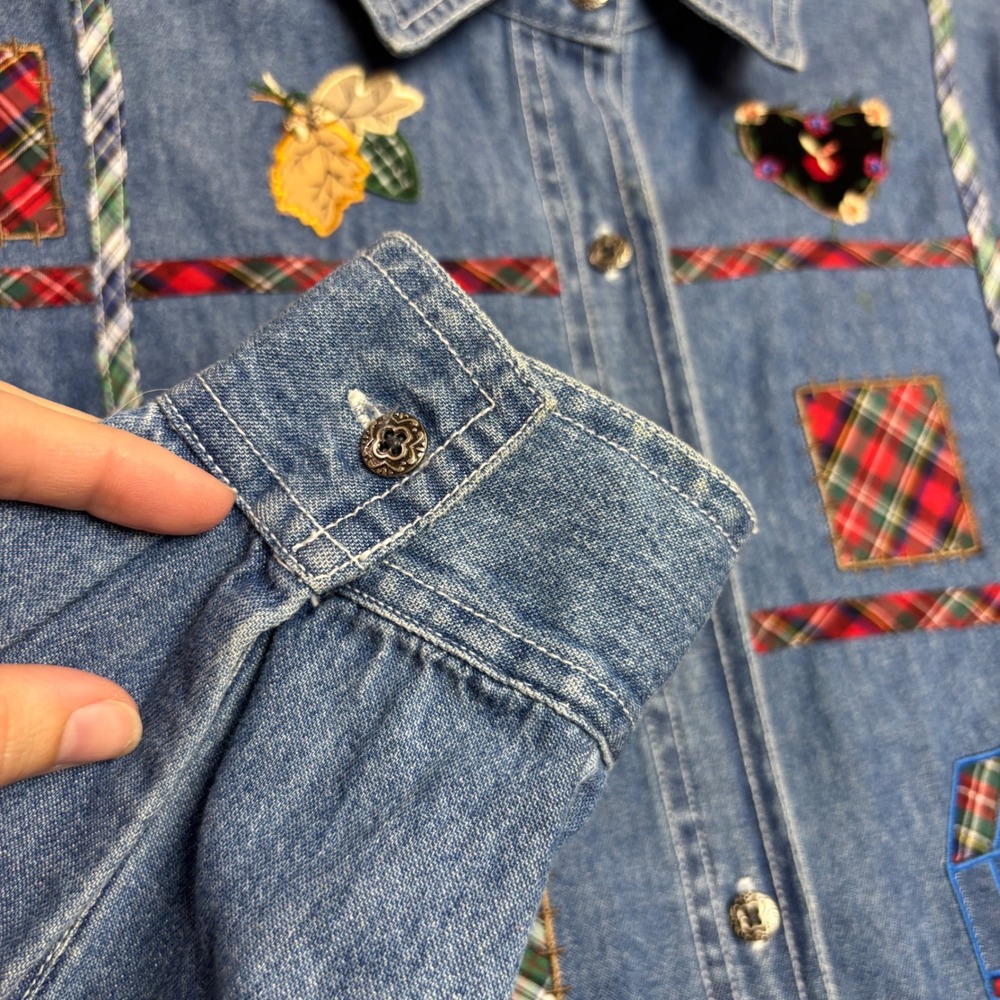 Cottagecore Denim Button Top Womens Medium M Blue Patchwork Folk Art Vintage 90s - Picture 5 of 11